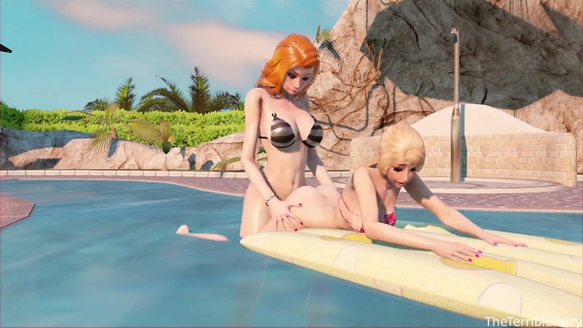 Normal Day at the Pool Petite blonde rides futa redheads big cock